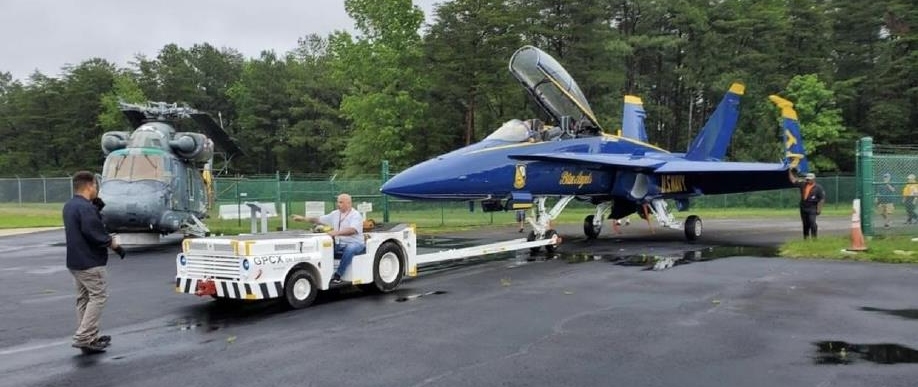 Blue Angel being positioned on flight line.