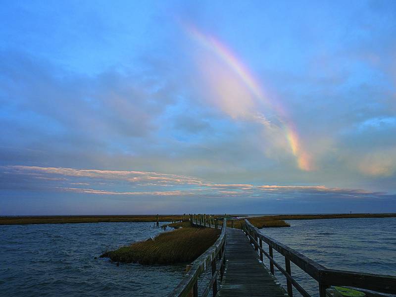 A cold front moves through Tangier Sound at sunrise, producing a rainbow over the boardwalk at Fox Island. (Dave Harp)