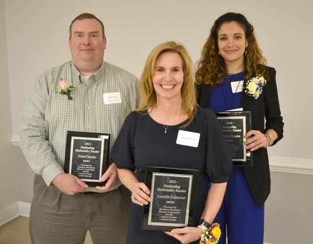 SMECO Outstanding Mathematics Teacher Award Recipients, Calvert County   From left are Robert Martin, Huntingtown High School; Juanita Ridenour, Northern Middle School; and Kristen Johnson, Barstow Elementary School.