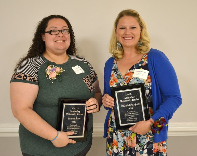 SMECO Outstanding Mathematics Teacher Award Recipients, Charles County  From left are Lauren Bonn, Milton Somers Middle School, and Melissa Bridegum, Mary B. Neal Elementary School. Not pictured is Jennifer Hoiler, Henry E. Lackey High School.