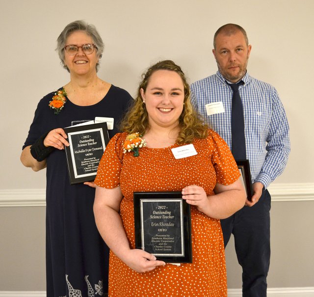 SMECO Outstanding Science Teacher Award Recipients, Charles County  From left are Michelle Fryer Dommel, Berry Elementary School; Erin Rhoades, Milton Somers Middle School; and Charles Newcomb, Westlake High School.