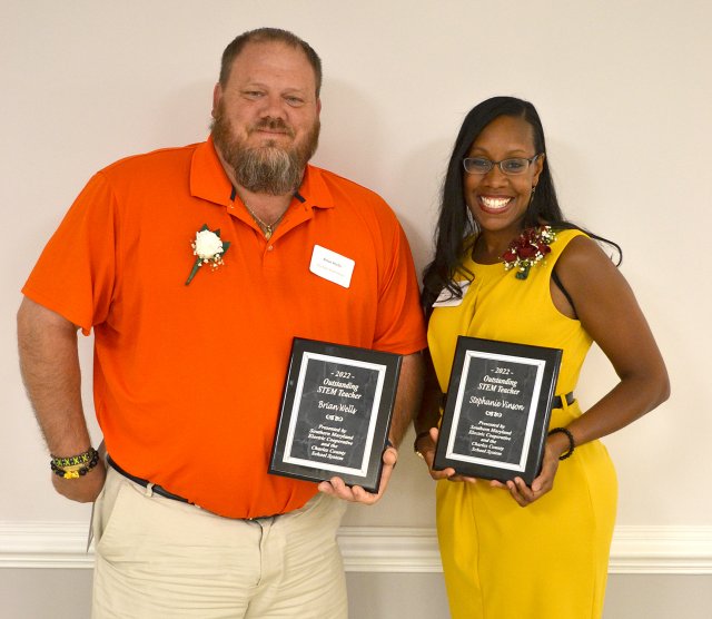 SMECO Outstanding STEM Teacher Award Recipients, Charles County  From left are Brian Wells, Westlake High School, and Stephanie Vinson, Benjamin Stoddert Middle School.