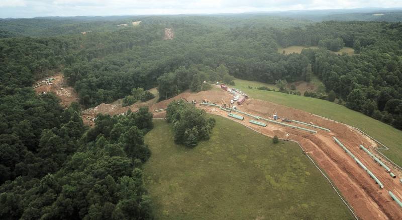 An aerial photo taken by a volunteer pilot shows construction of the Atlantic Coast Pipeline in West Virginia in 2018. Construction on the pipeline has been halted as judges have revoked or questioned key federal permits for the project. (Courtesy of the Pipeline Compliance Surveillance Initiative)