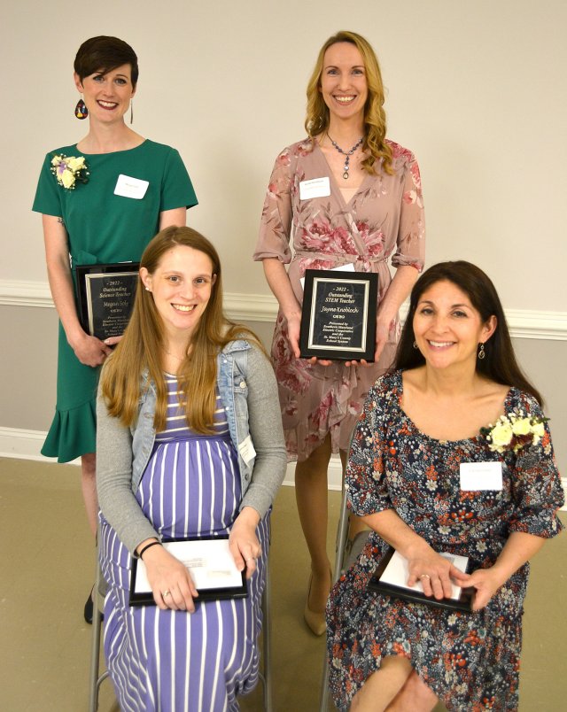 SMECO Outstanding Science and STEM Teacher Award Recipients, St. Mary’s County  Standing, from left, are Megan Soly, Spring Ridge Middle School, and Jayme Knobloch, Great Mills High School. Seated, from left, are Jessica Sage, Chesapeake Public Charter School, and Clarissa Labor, Chopticon High School; Not pictured is Summer Wood, Piney Point Elementary School.