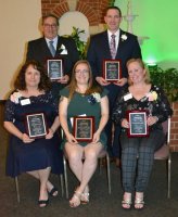 Standing are, from left, Henry Faxon, Northern High School, and Matthew Klapper, Southern Middle School. Seated are Theresa Young, Sunderland Elementary School; Chelsea Gallihugh, Mill Creek Middle School; and Ronni Morrissey, Patuxent High School.